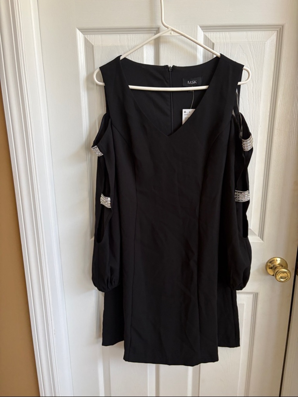 MSK Black Cold-Shoulder V-Neck Mini Dress with Rhinestone Bands